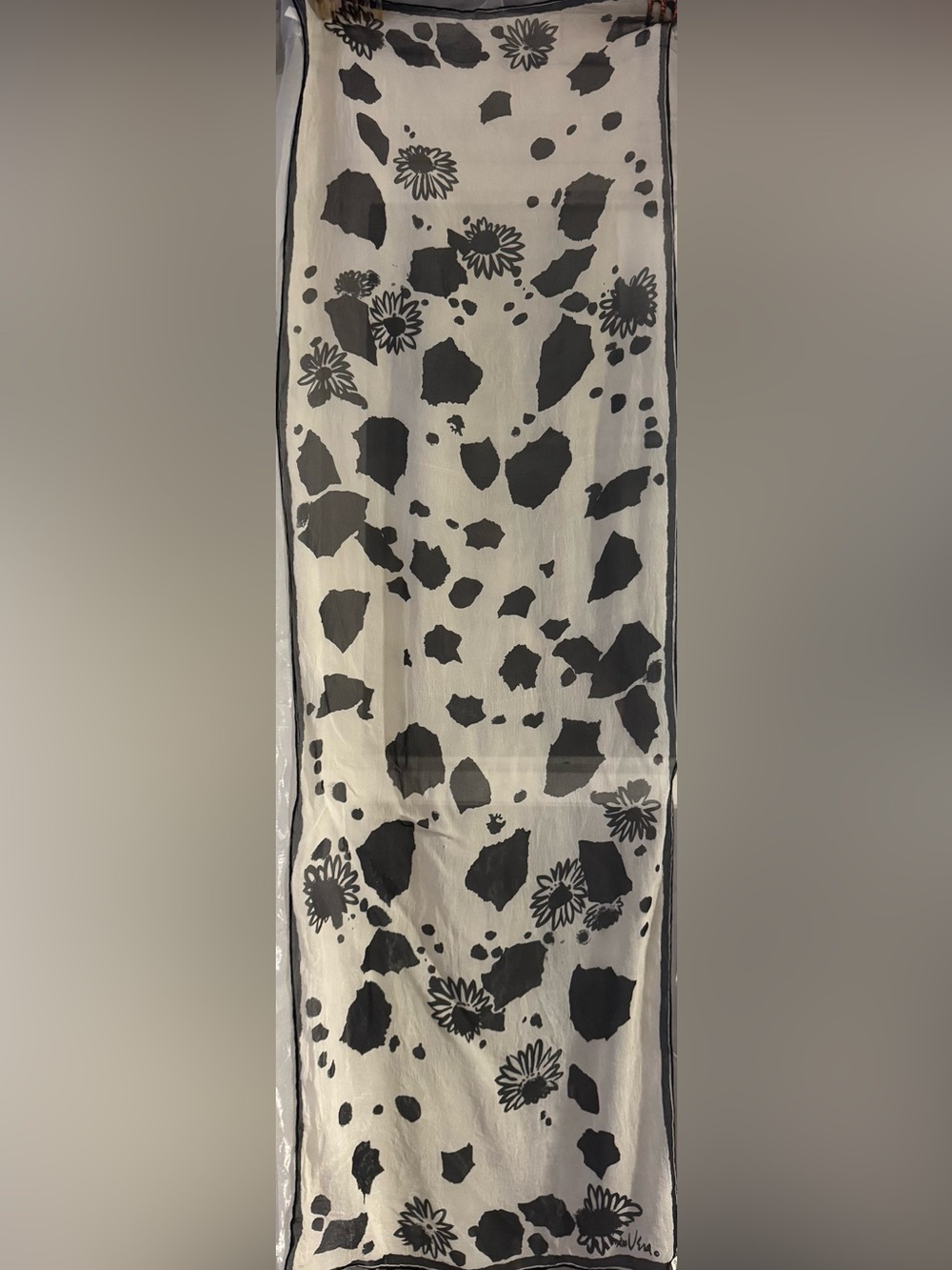 Vintage Vera Neumann Sheer Oblong Scarf With Flowers & Black Dots